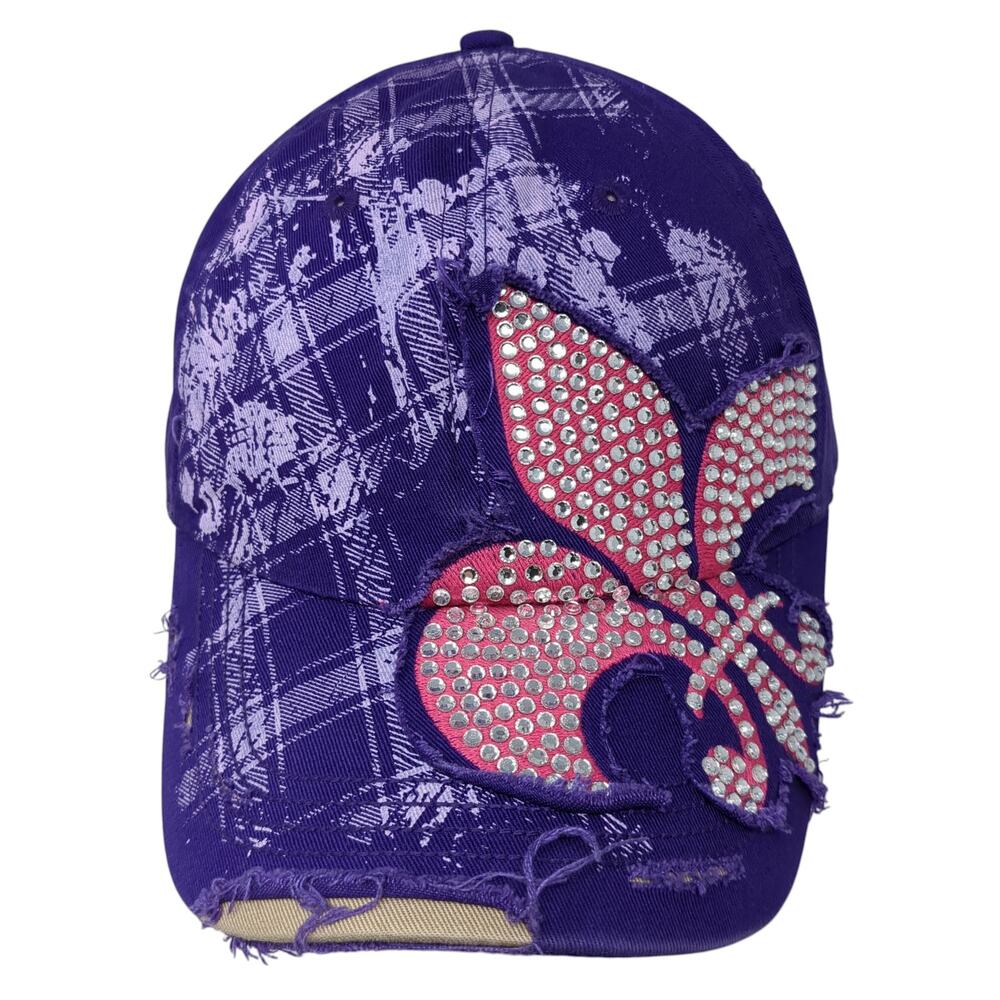 Fleur de Lis Bling Baseball Cap Purple One Size Adjustable Distressed Leader
